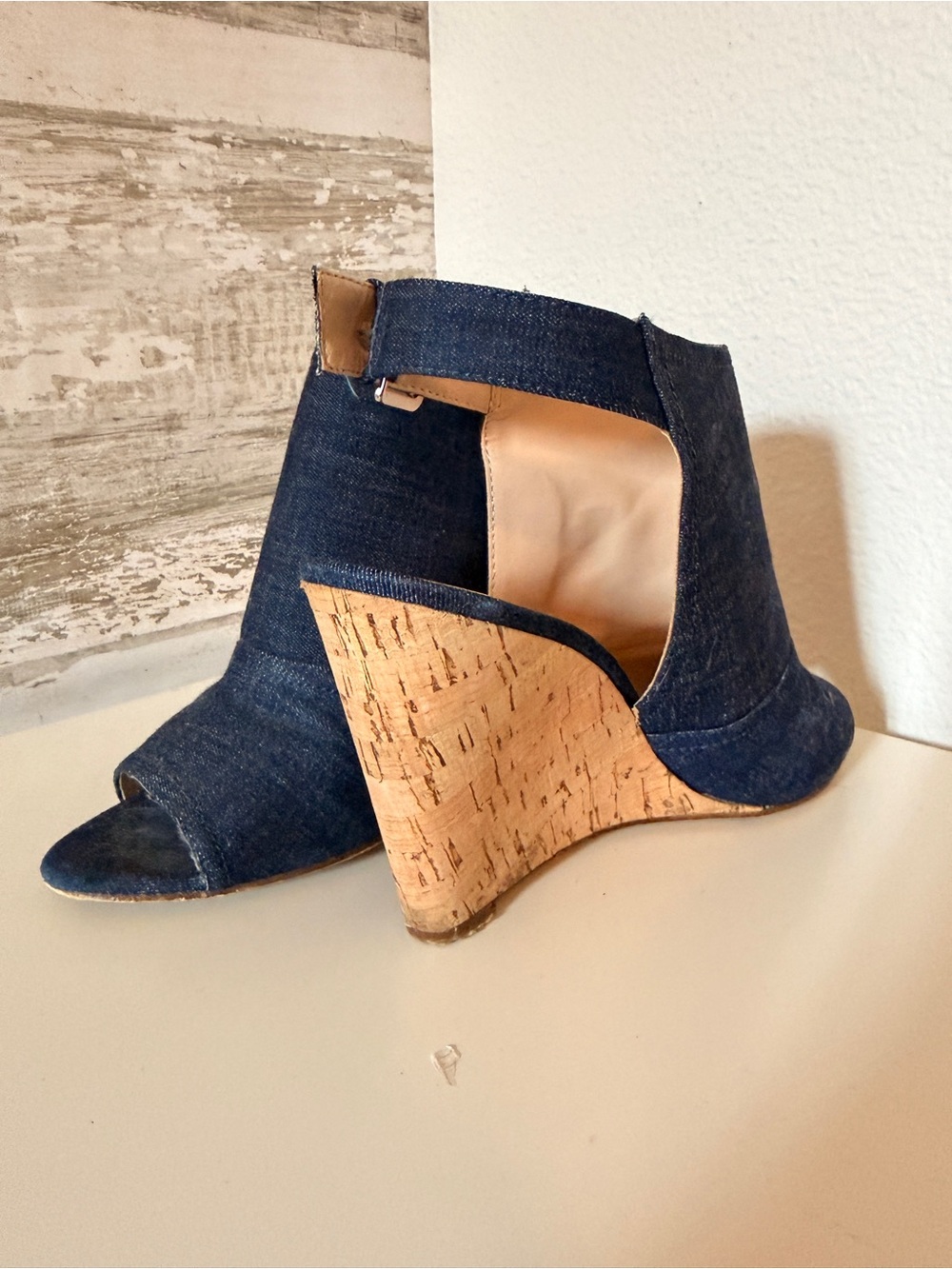 Nine West Denim Cork Wedge Peep-Toe Sandals - Dark Blue